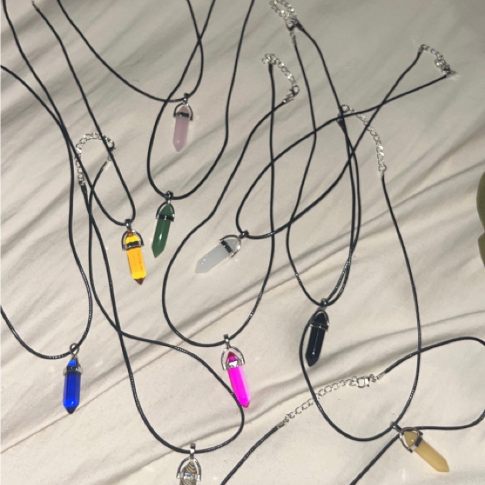 Crystal chakra black leather necklace